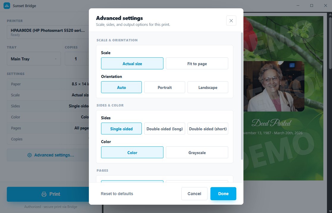 Bridge advanced settings: scale, orientation, sides, color and page range