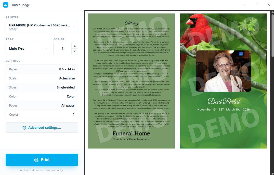 The Sunset Bridge dialog previewing a memorial service program, ready to print to a real printer